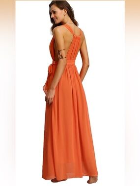 Women's Orange Sleeveless V-Neck Tie Waist Plunge Deep-V Boho Long Maxi Dress
